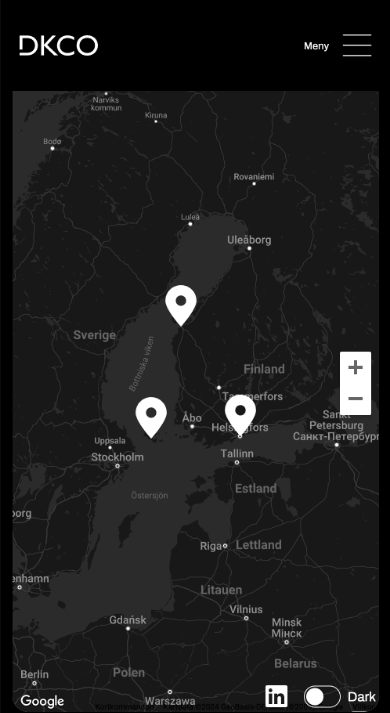 DKCO skärmbild av mobil på kontaktsida som visar karta